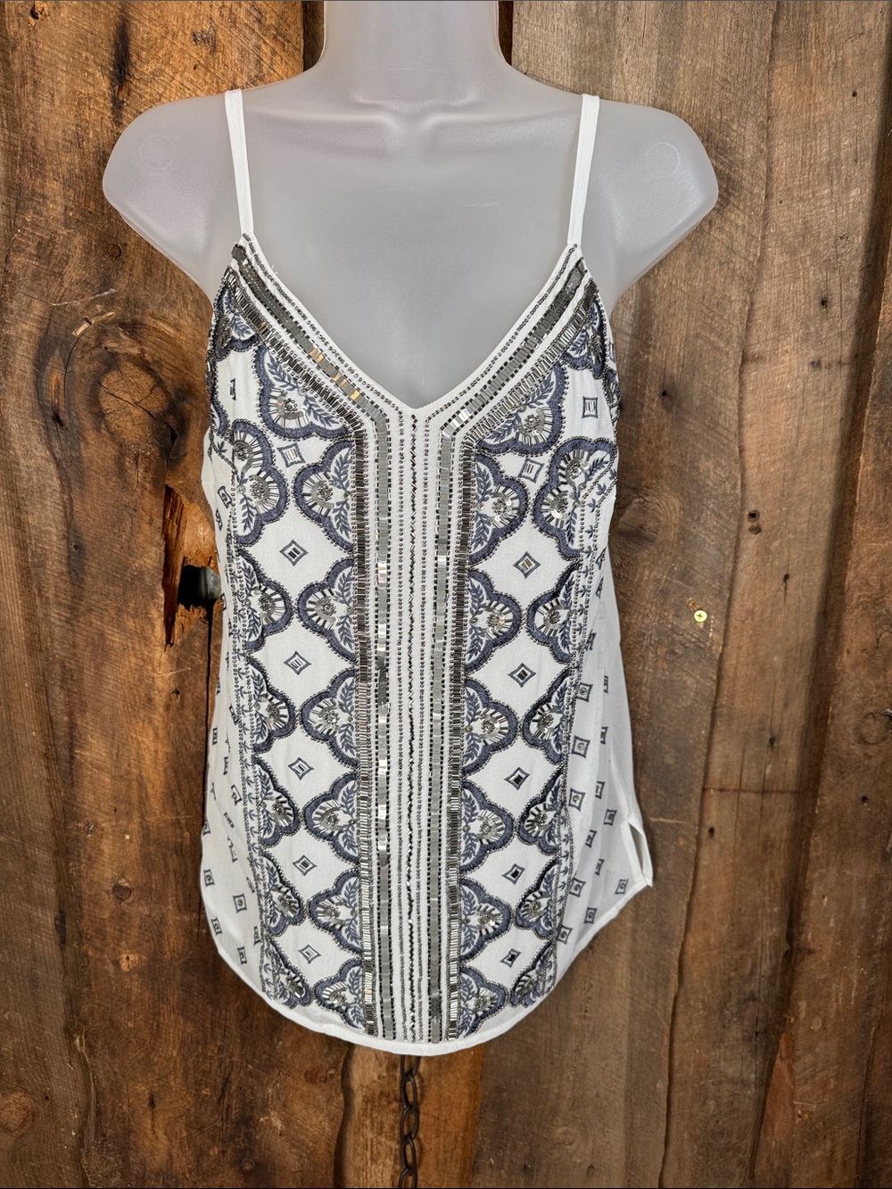 Embellished White & Navy/Grey Beaded V-Neck Cami Top